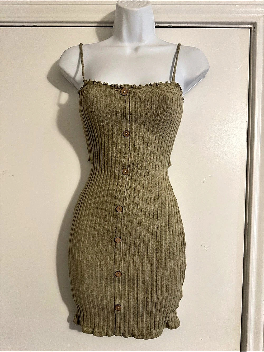 Ribbed Button-Front Mini Dress in Green